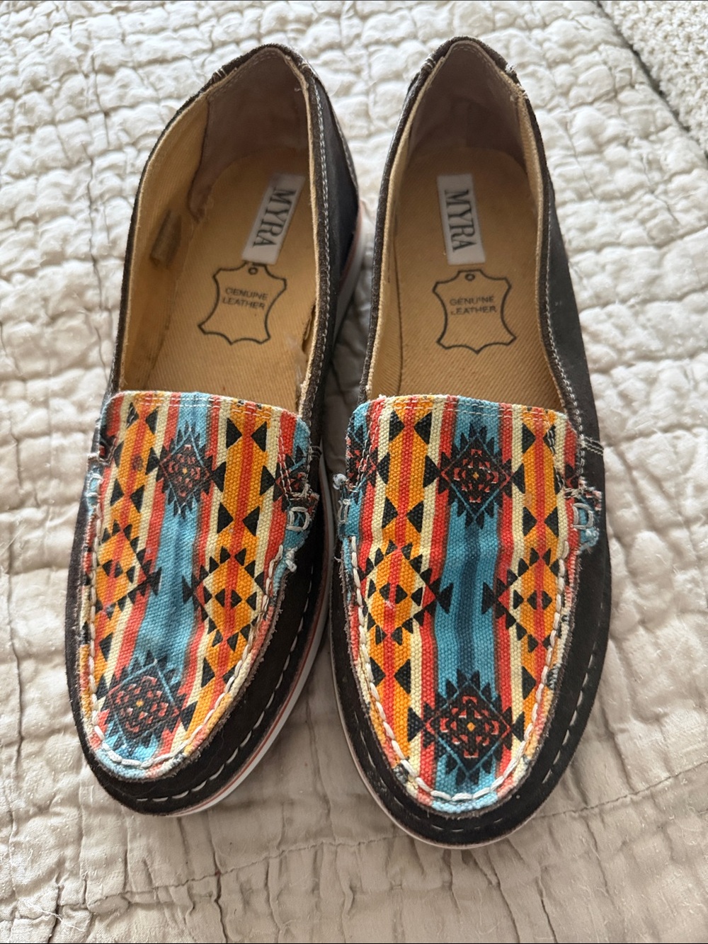 Myra Multicolor Aztec Canvas & Brown Leather Slip-On Loafers size 7 - Picture 3 of 17